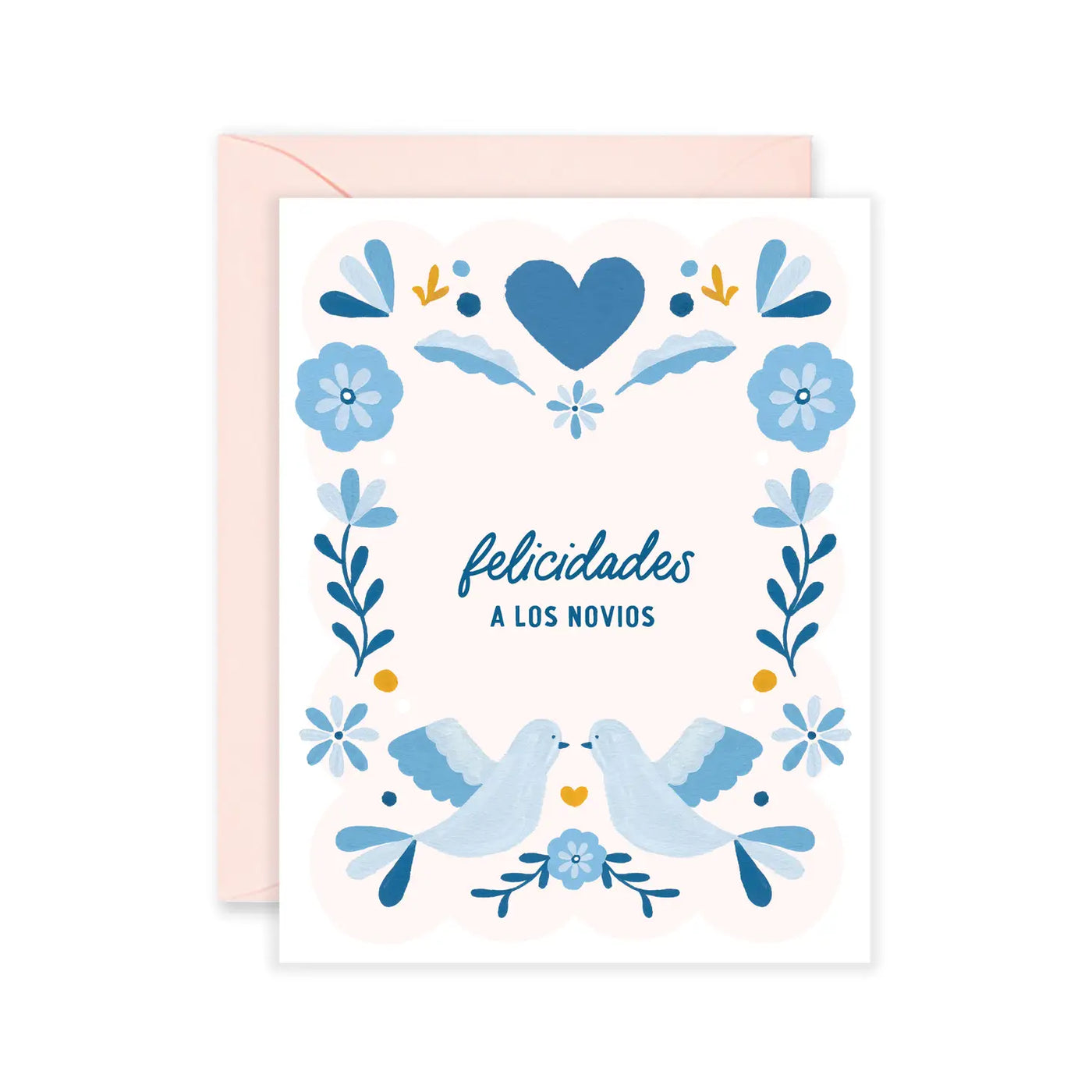 white card with the phrase felicidades a los novios in blue lettering and features images of two love birds, heart, flowers and foliage in various shades of blue and a pink envelope.