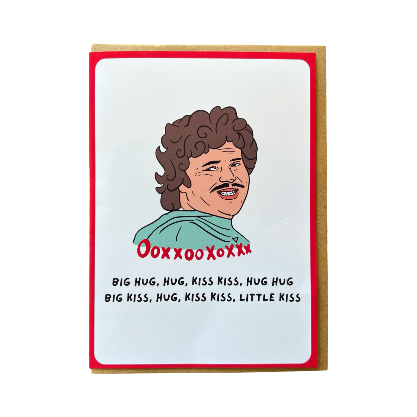 white card with an image of Nacho Libre smiling with the letters XOXOXOXOXO in red lettering and the phrases Nigh Hug, Hug and Kiss Kiss in black lettering 