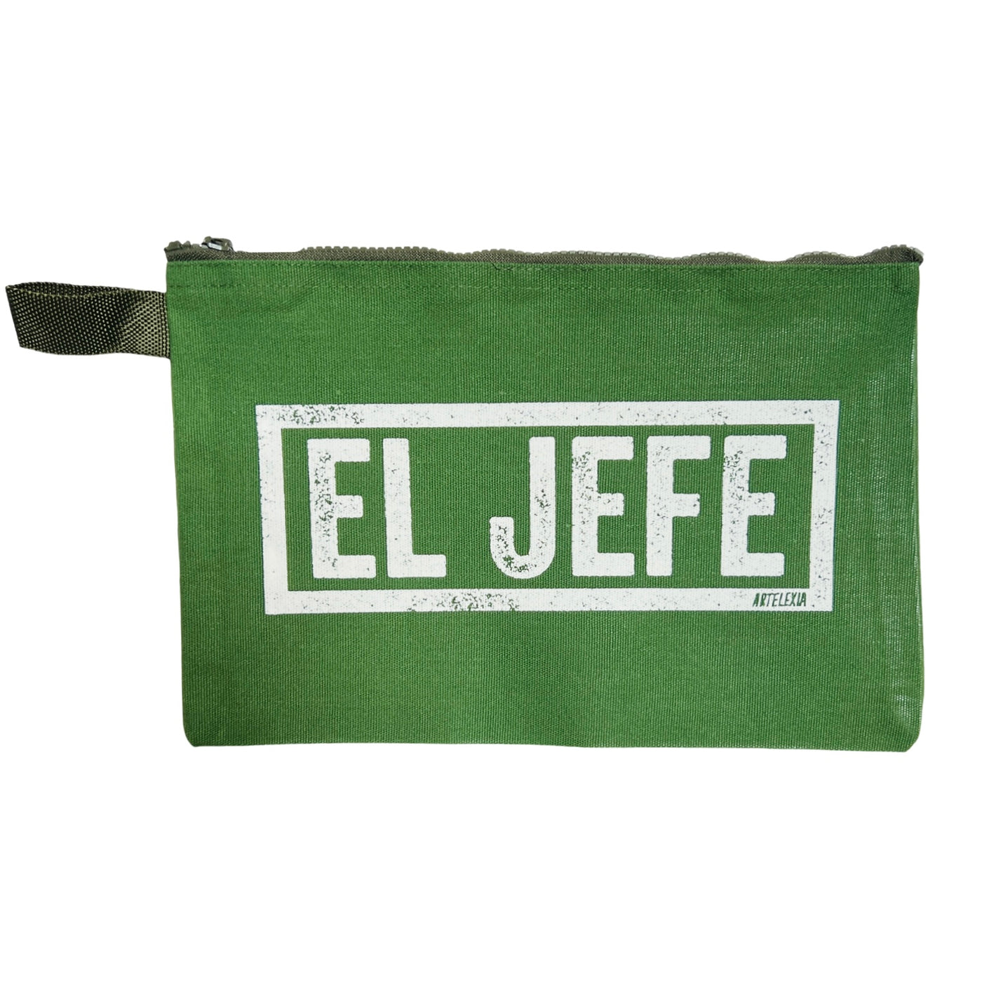 green zip pouch with the phrase El Jefe in white lettering