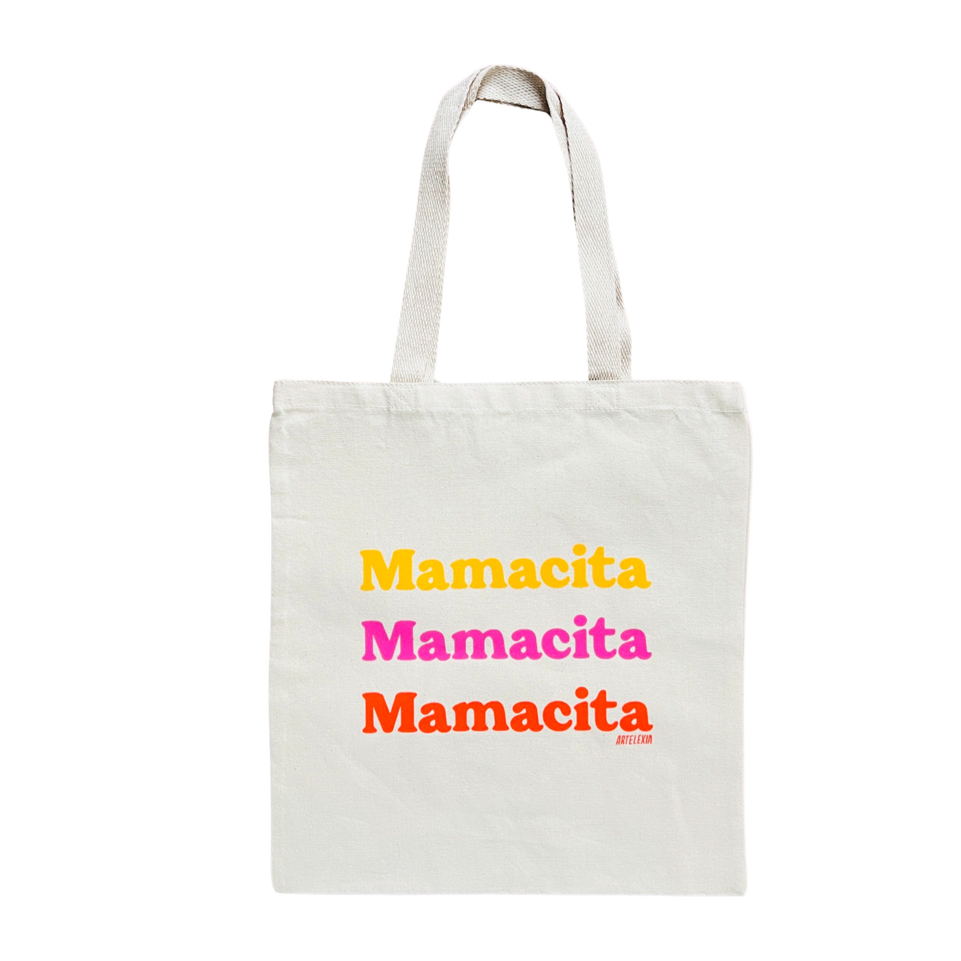  Natural canvas tote bag with the word Mamacita repeated three times in the colors yellow, pink, orange.