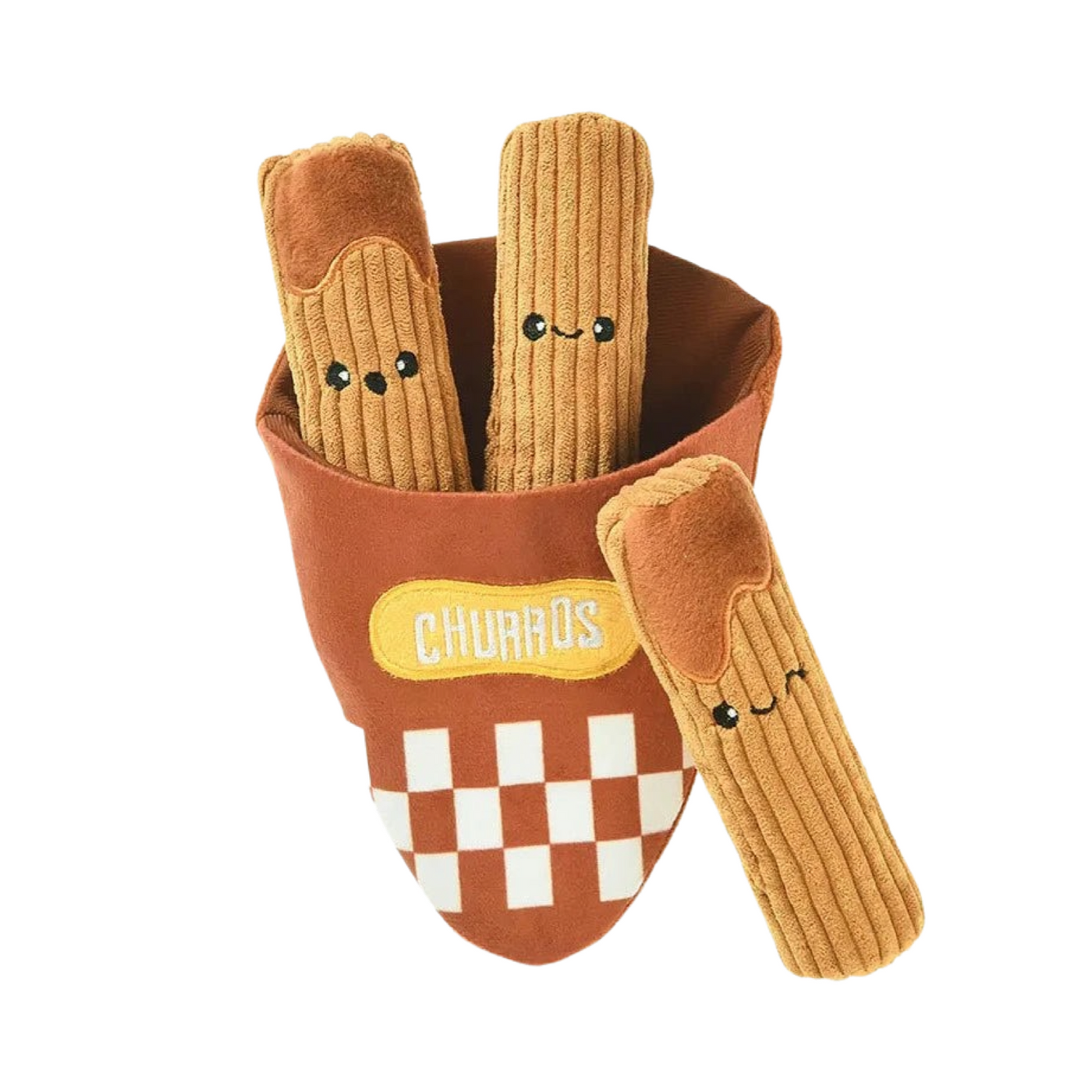 plush dog toy in the shape of a bag of churros with three pieces of churros featuring smiling faces on the churros.