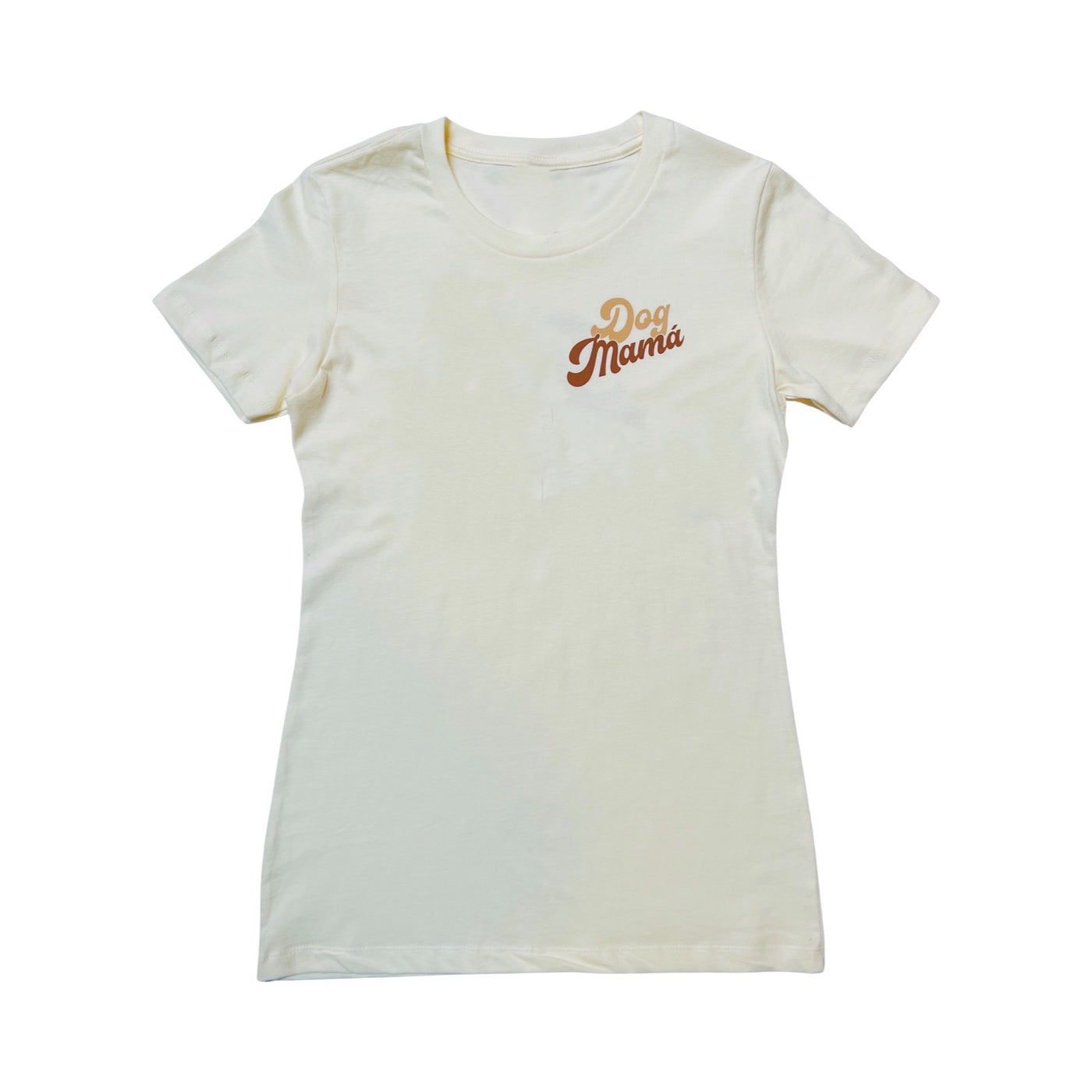 The front of a cream shirt with the phrase Dog Mamá in two shades of brown