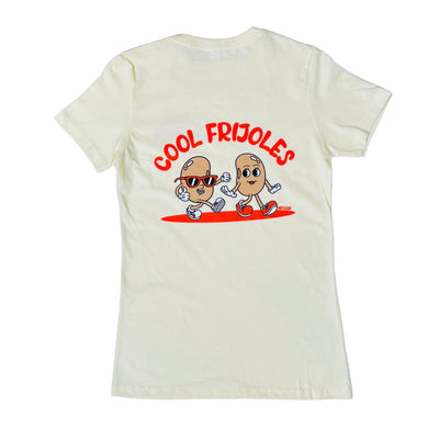 The back of a cream shirt with the phrase Cool Frijoles in orange lettering featuring an illustration of two animated beans.