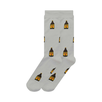 Pair of light gray socks with images of brown bottles with yellow labels.
