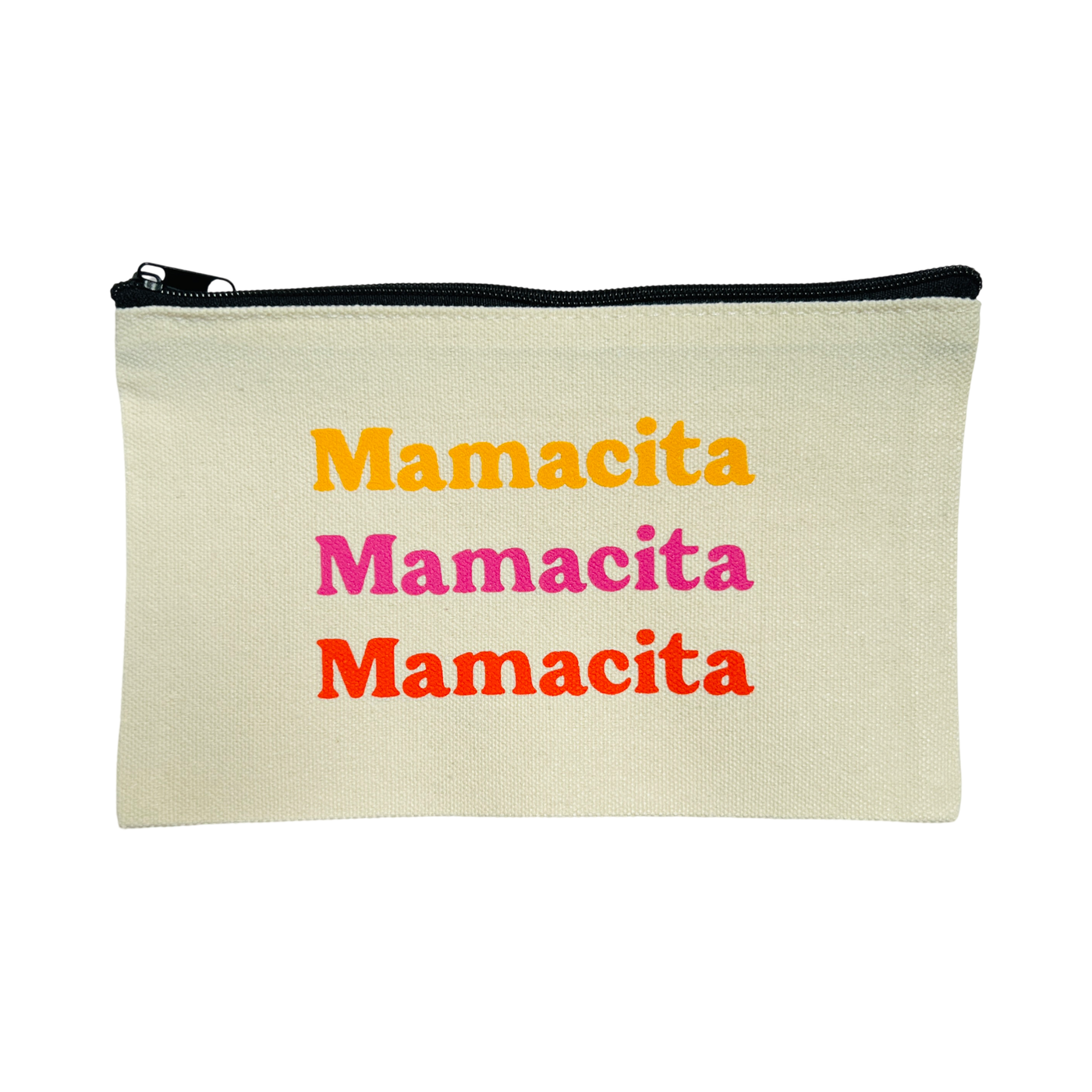 rectangle canvas zip pouch with the word Mamcita three times int he colors yellow, pink and orange.