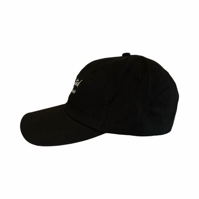 Side view of a black hat with the phrase Educated Latino in white lettering