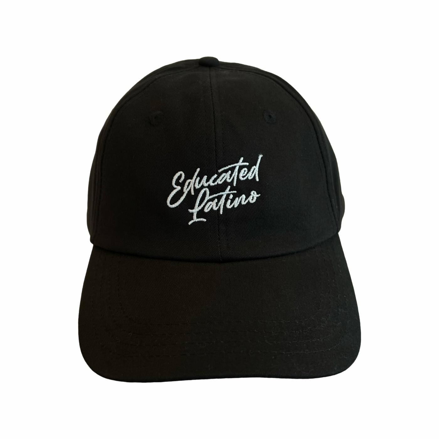 front view of a black hat with the phrase Educated Latino in white lettering