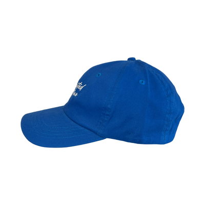 Side view of a blue hat with the phrase Educated Latino in white lettering