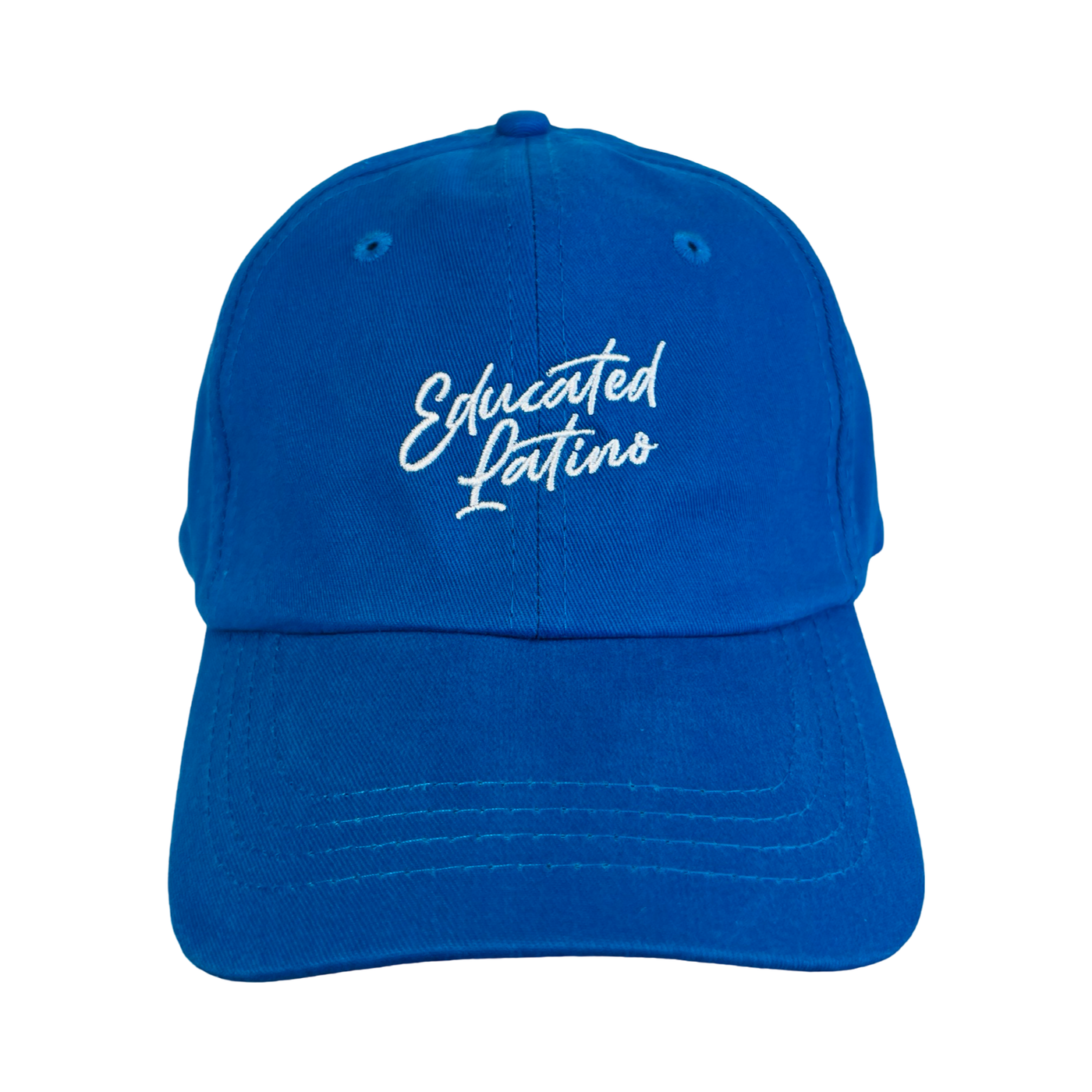 front view of a blue hat with the phrase Educated Latino in white lettering
