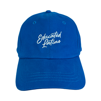 front view of a blue hat with the phrase Educated Latino in white lettering