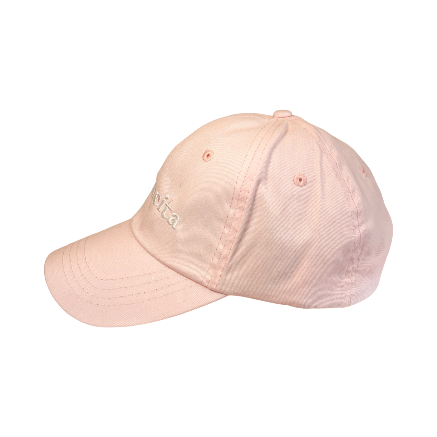 Side view of a light pink hat with the word Mamacita in Light Pink with the word Mamacita in white lettering