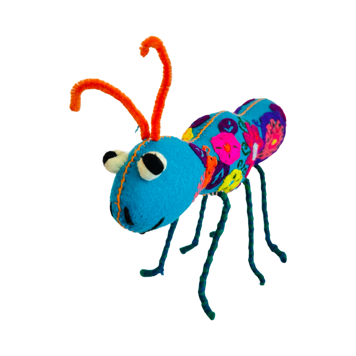 front view of a Felt ant doll with embroidered floral design