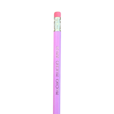 lavender pencil with the phrase Mucho Mucho Amor in gold lettering