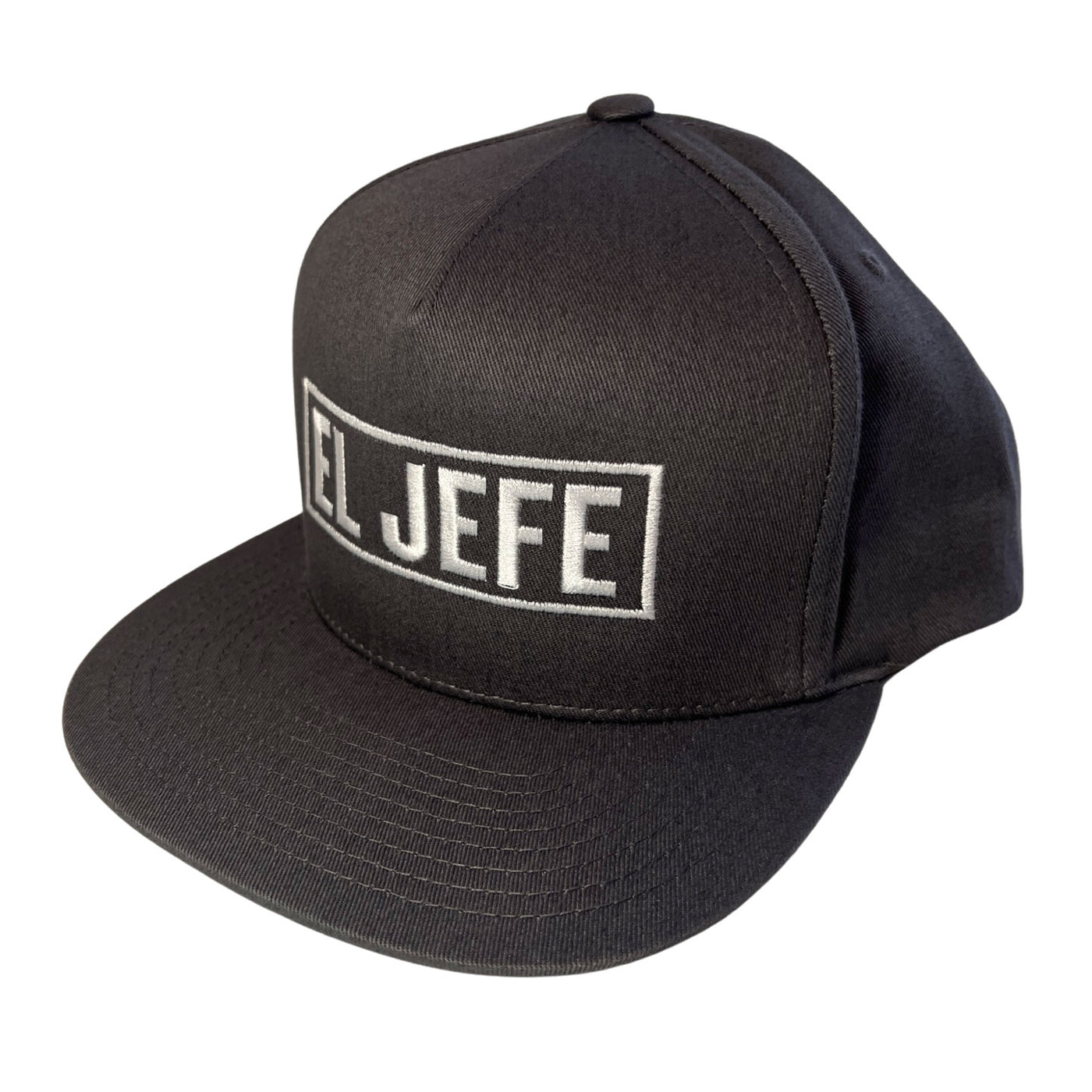 Side view of Grey snapback hat with the phrase El Jefe in white lettering