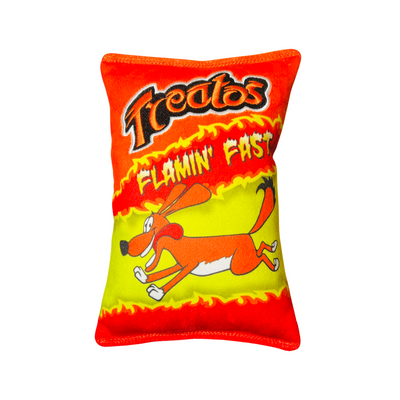 dog toy with the same color palette as the hot cheetos bag. Features an drawing of a dog running and the wod Flamin Fast in yellow flames.