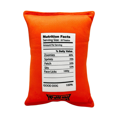 orange rectangle dog toy with a play on the nutrition facts label featuring phrases like zoomies, sprints, fetch, face licks and sits.
