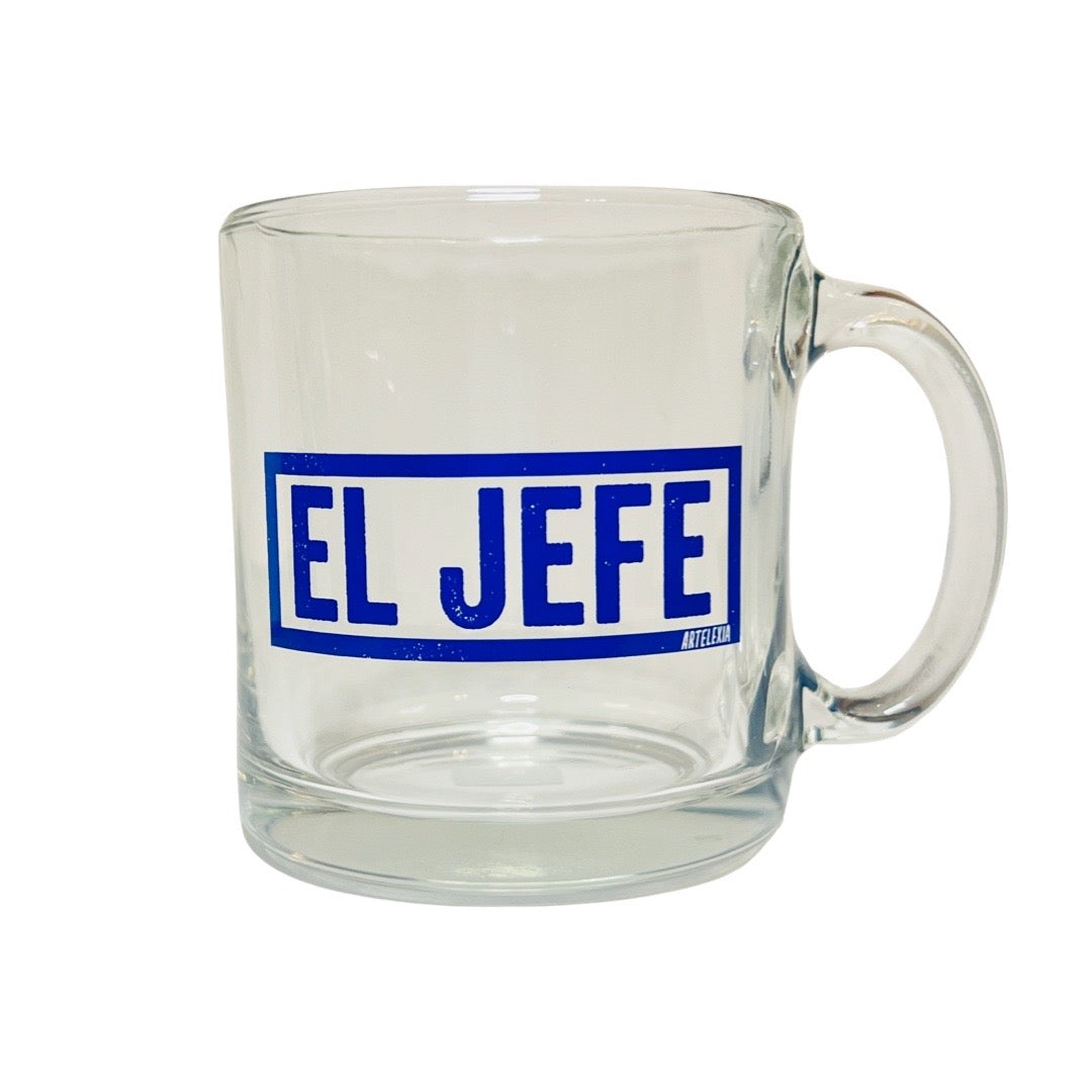 Clear Glass mug with the phrase EL JEFE in blue lettering