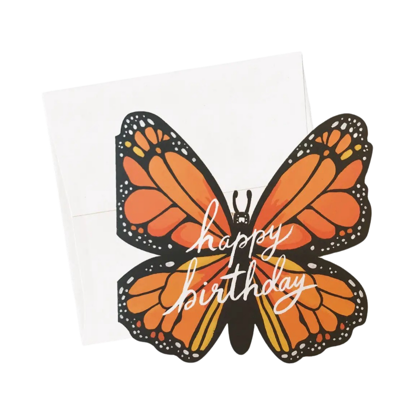 monarch butterfly shaped and designed card with the phrase happy birthday in white lettering