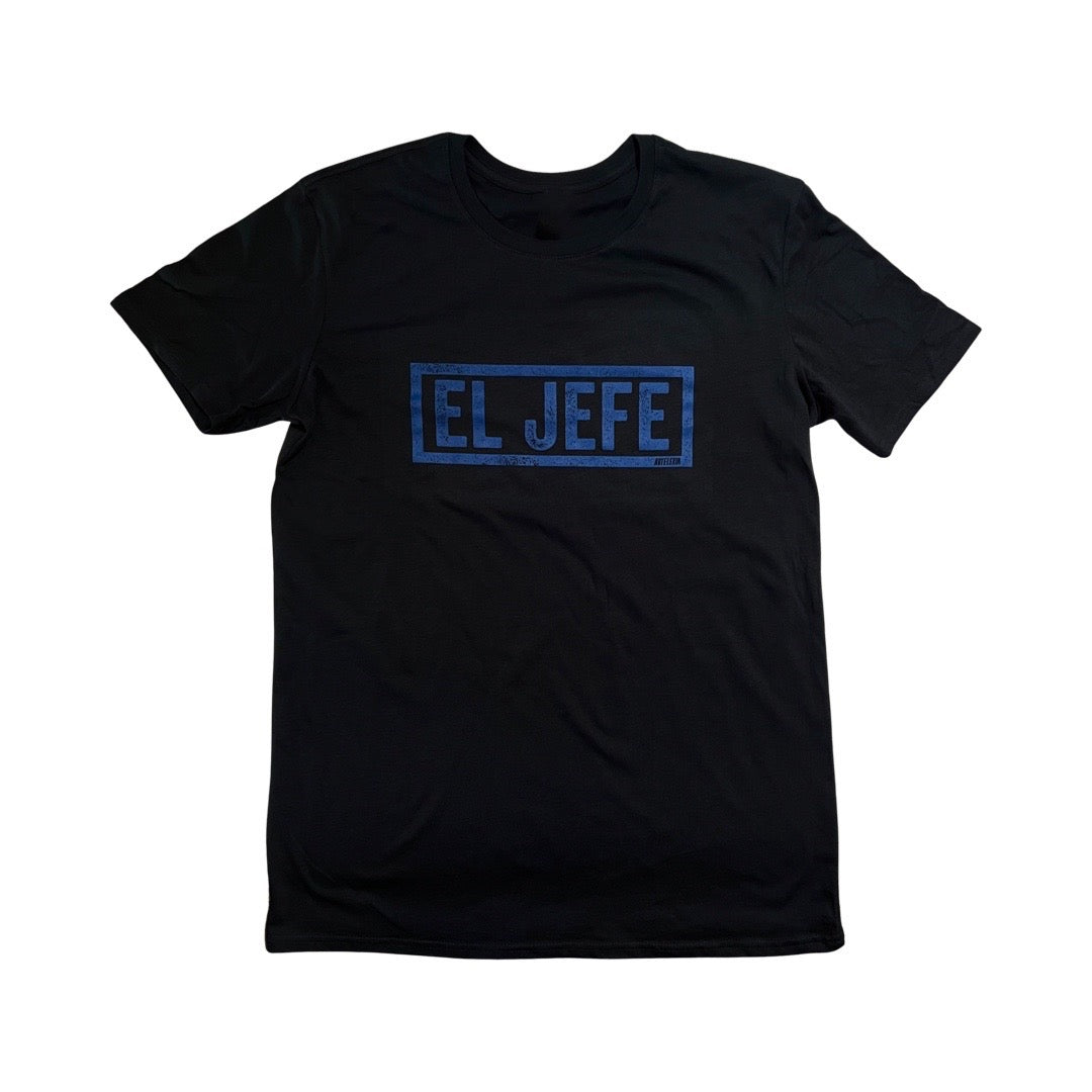 Black men's shirt with the phrase El Jefe in blue lettering