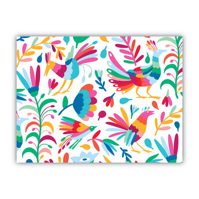 Greeting card design features colorful birds and florals in traditional otomi style