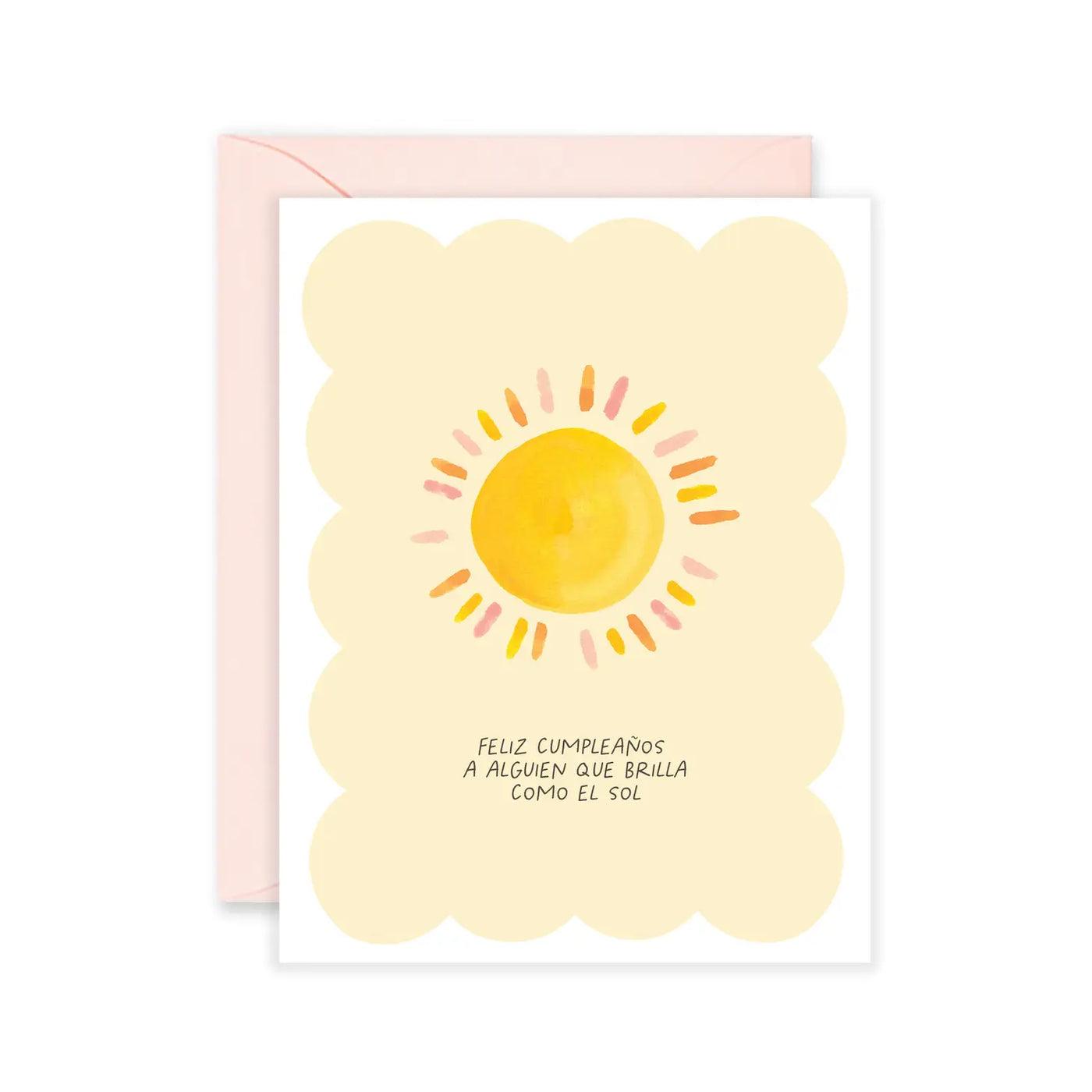 White and yellow card with the phrase Feliz Cumpleanos A Alguien Que Brilla Como El Sol that features a sun with multicolored rays.