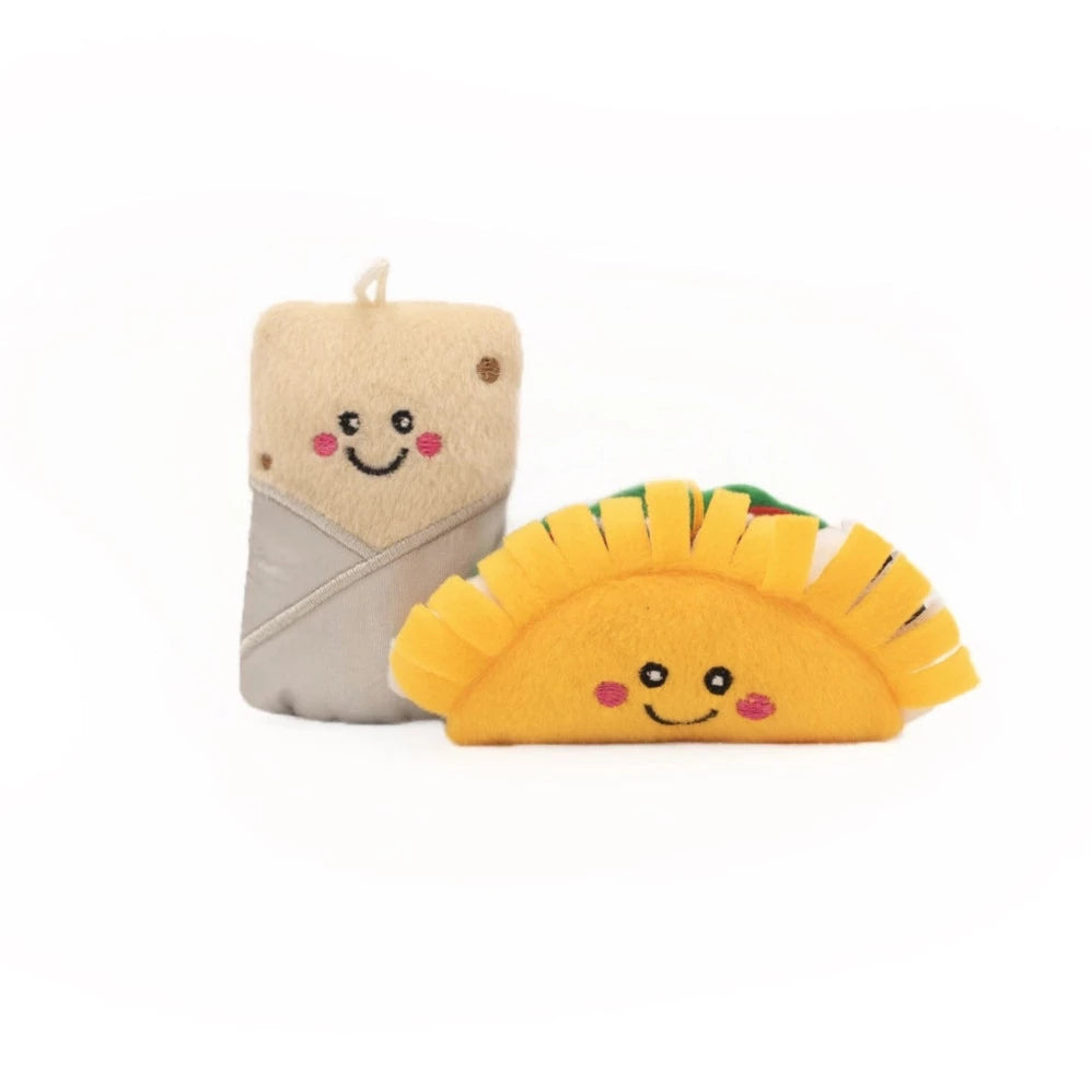 plush burrito and taco cat toy that features smiley faces