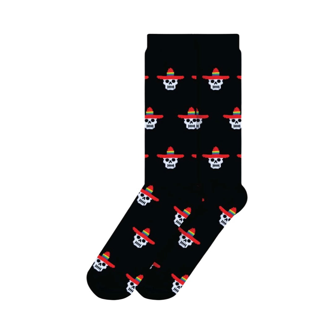 Pair of black socks with a calavera wearing a sombrero pattern