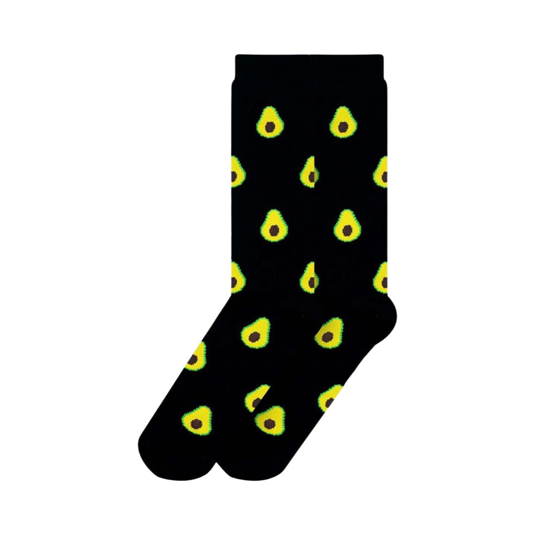 black pair of socks with an avocado pattern