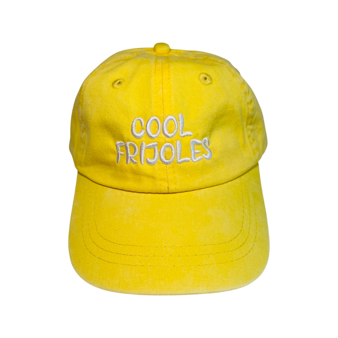 Yellow kid's hat with the phrase Cool Frijoles in white lettering