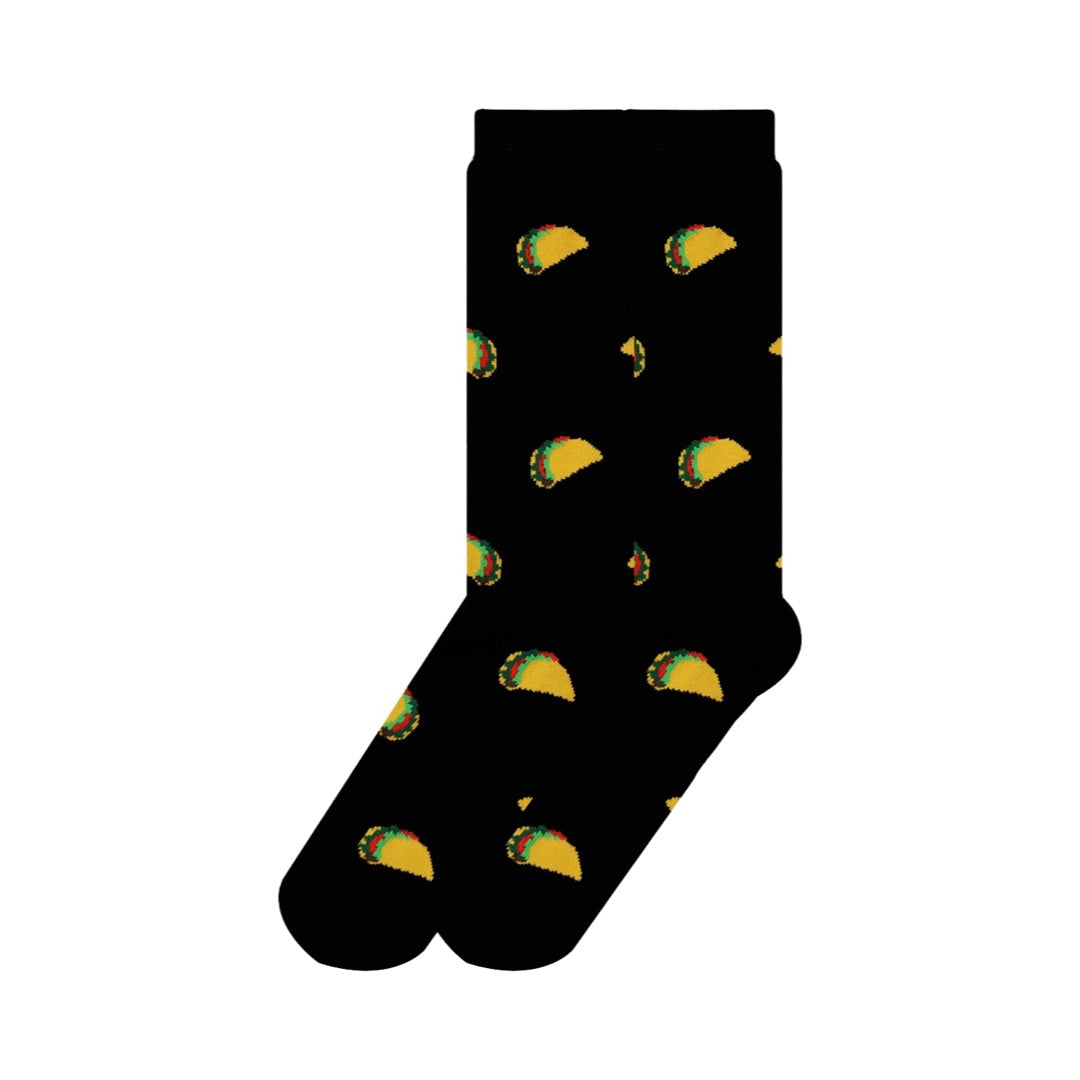 black pair of socks with a taco pattern