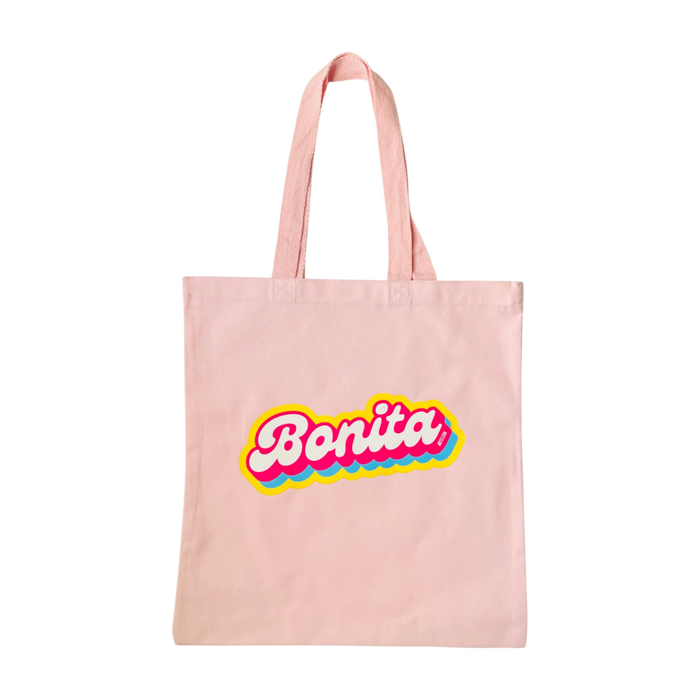 Light pink convas tote bag with the word Bonita in white lettering and outlined in pink, blue and yellow.