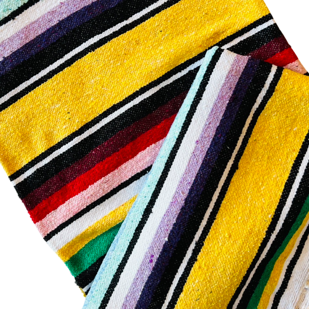 close up view of a yellow serape striped blanket folded in half.