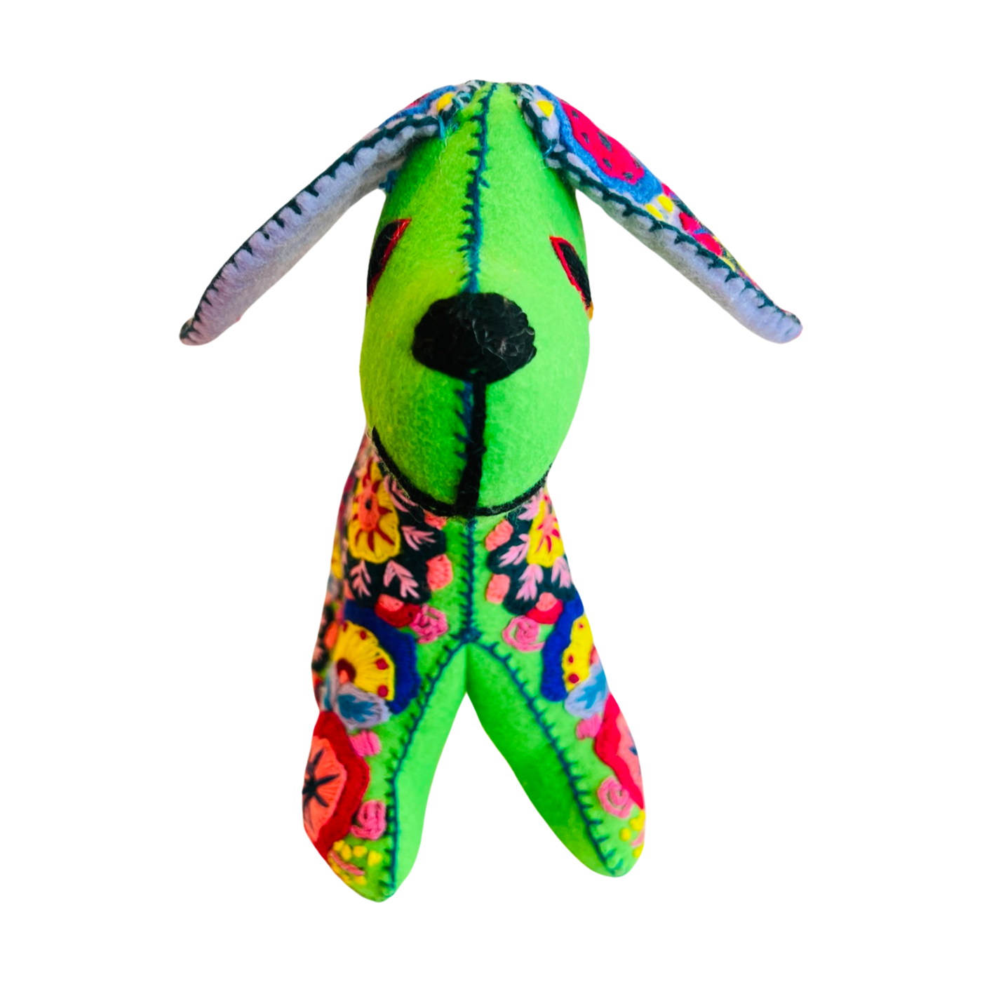 front view of an embroidered green dog with colorful flowers
