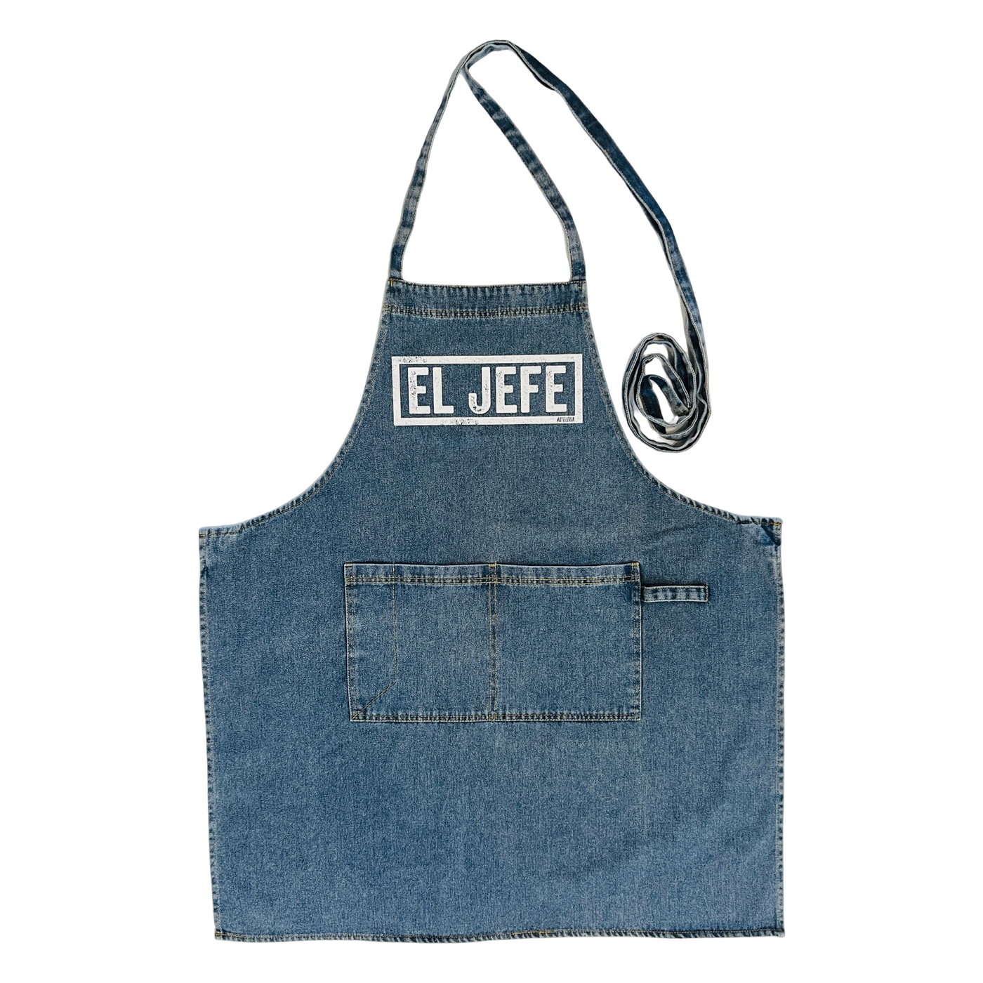 washed demin apron with the phrase El Jefe in white lettering