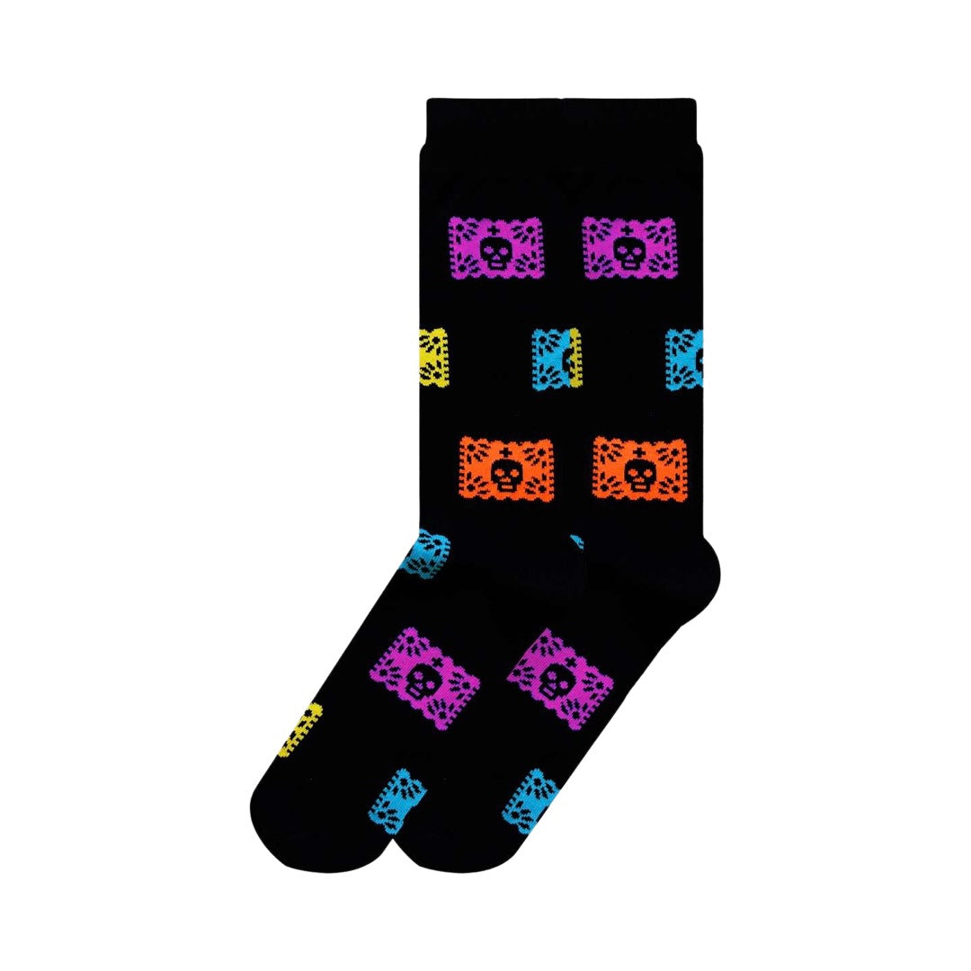 Black pair of socks with a multi-colored papel picado pattern