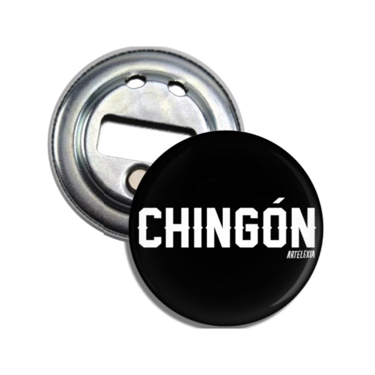 Set of black round bottle openers with phrase Chingon in white lettering