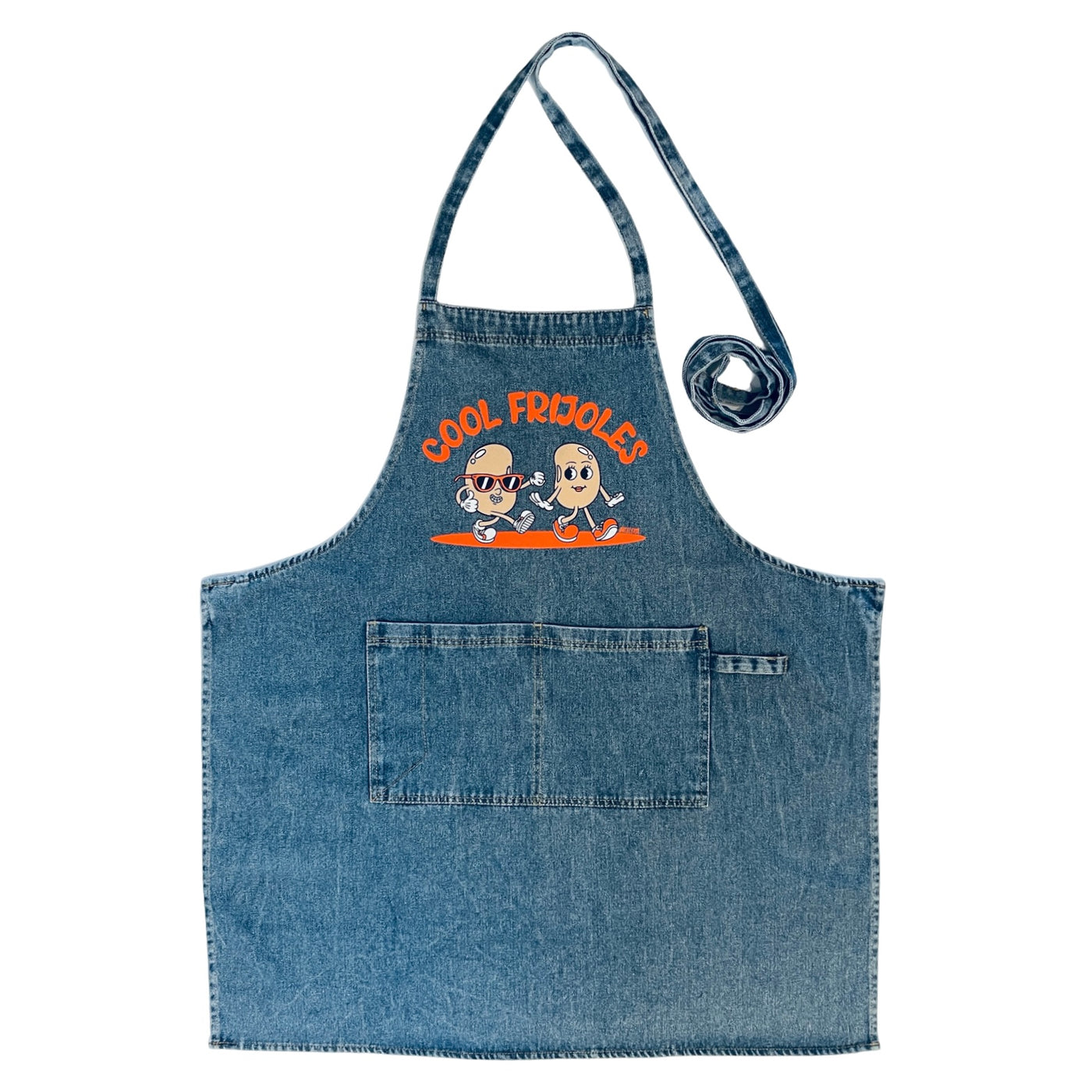 washed demin apron with an illustrated image of two beans walking and the phrase Cool Frijoles in Orange lettering