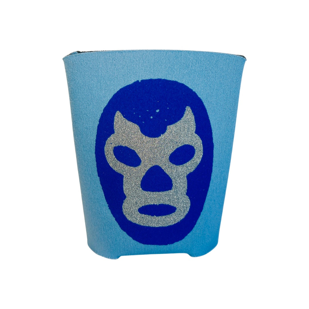 Blue can cooler with a blue and silver luchador mask