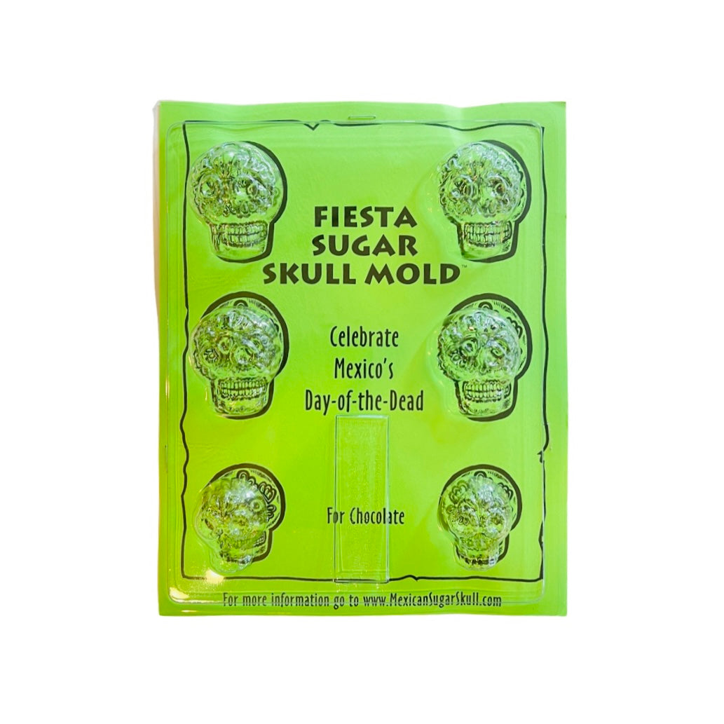 set of 6 sugar skull plastic mold with green branded packaging.