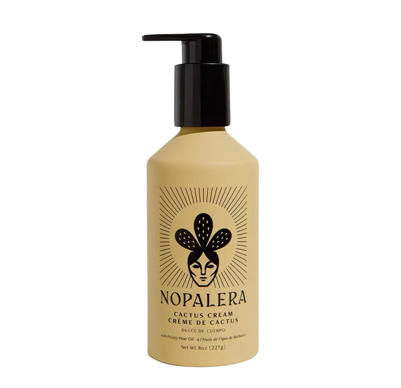 8 oz bottle of cactus cream featuring a beige colored bottle with the signature Nopalera logo of a women wearing a cactus crown