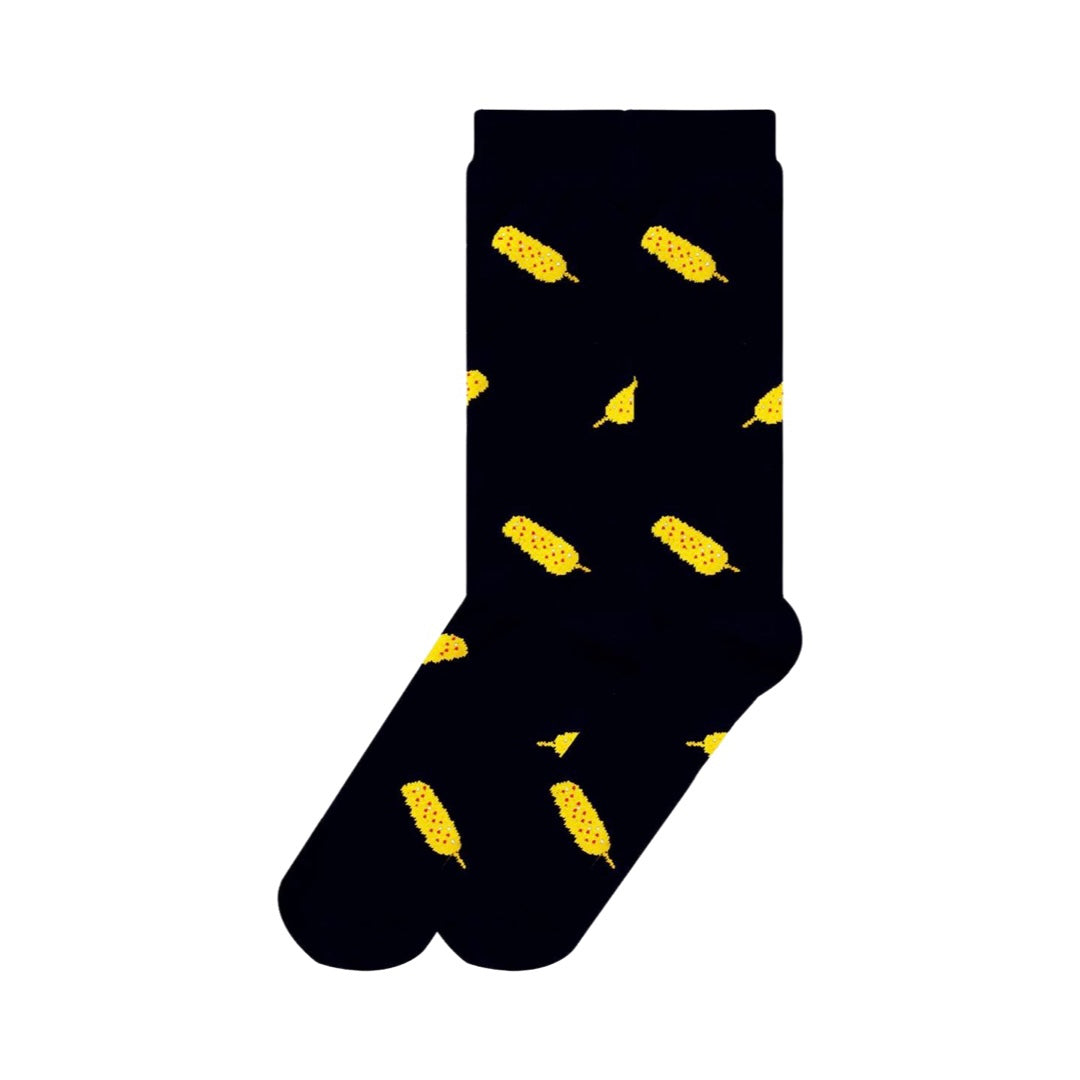 pair of black socks with a yellow elote pattern