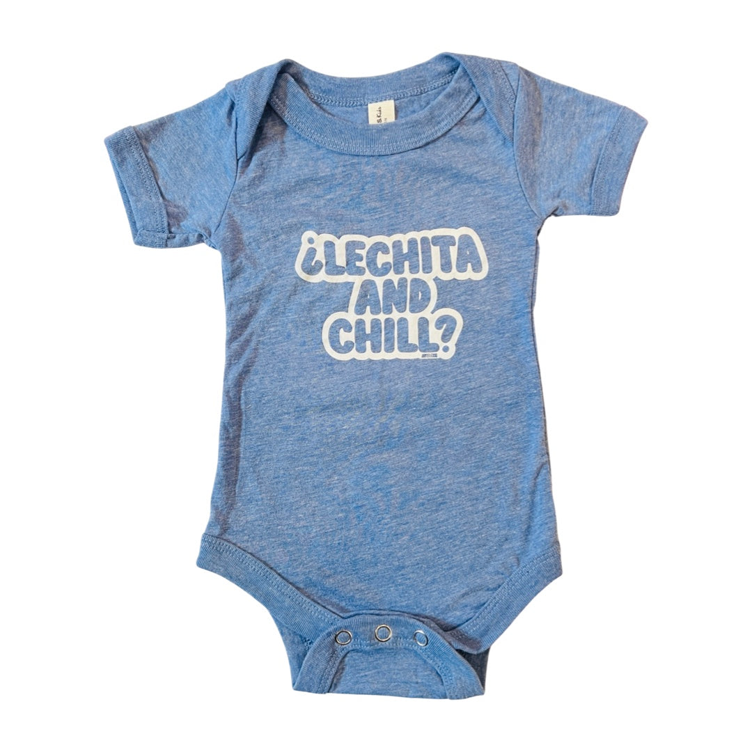 Blue onesie with the phrase Lechita and Chill in white lettering
