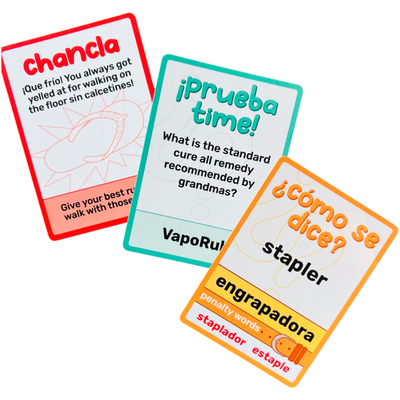 3 white playing cards oulined in various colors and each one with one of the following phrases: Chancla, Prueba time, Como Se Dice.