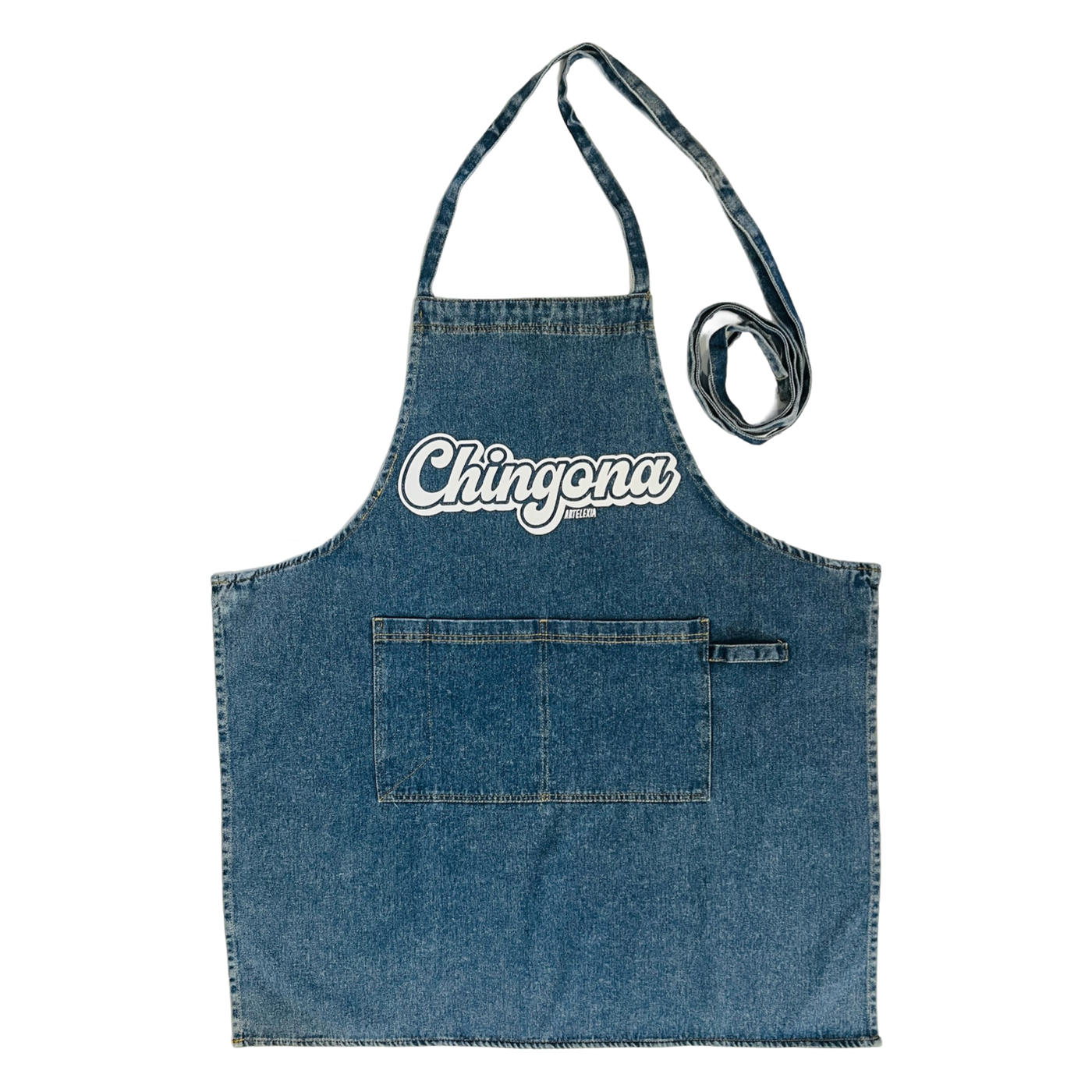 washed denim apron with the word chingona in white lettering