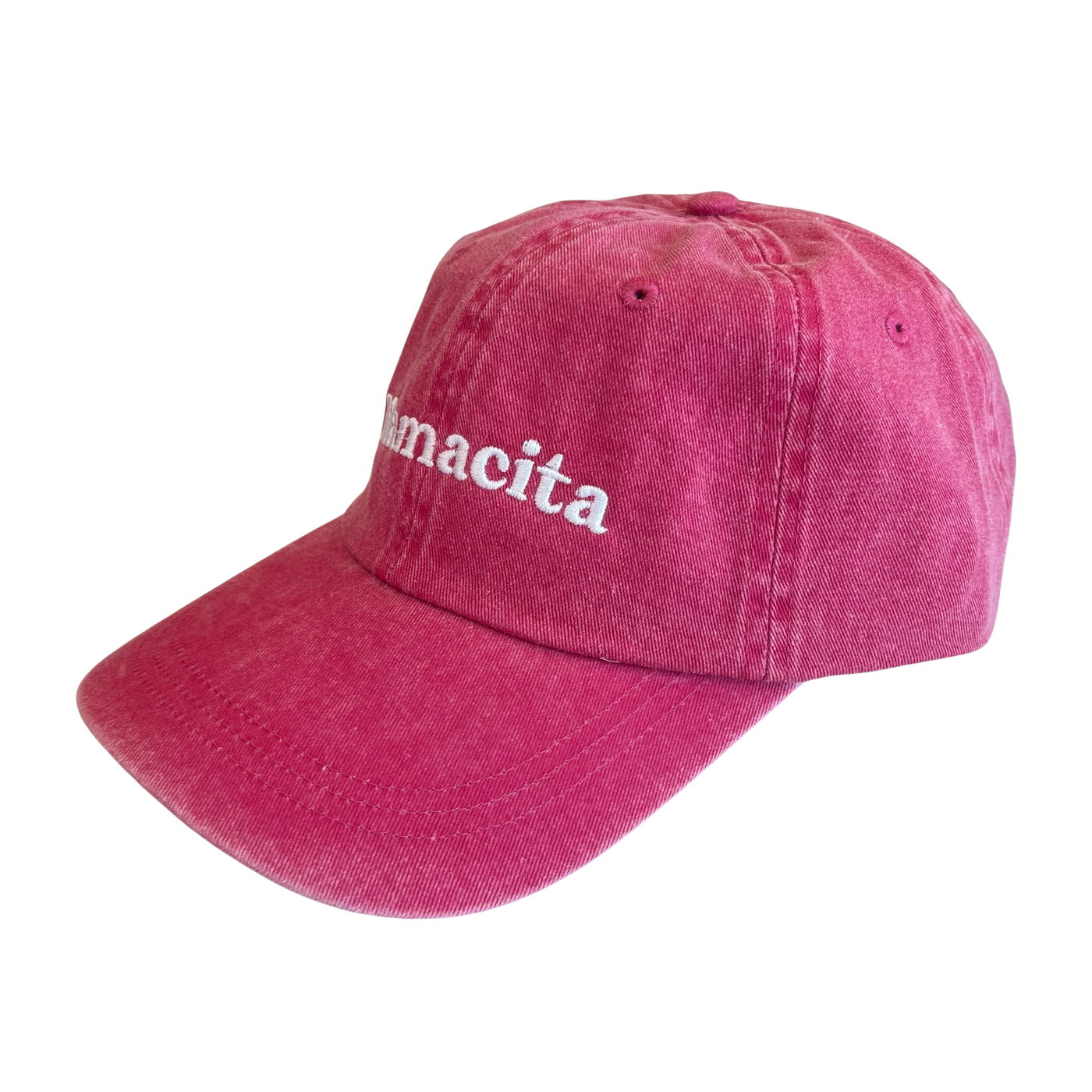 side view of a Pink hat with the word Mamacita in white lettering