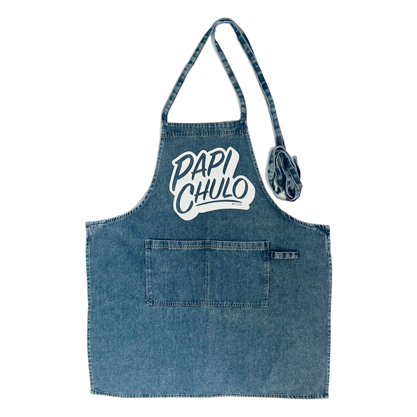 washed demin apron with the phrase Papi Chulo in white lettering