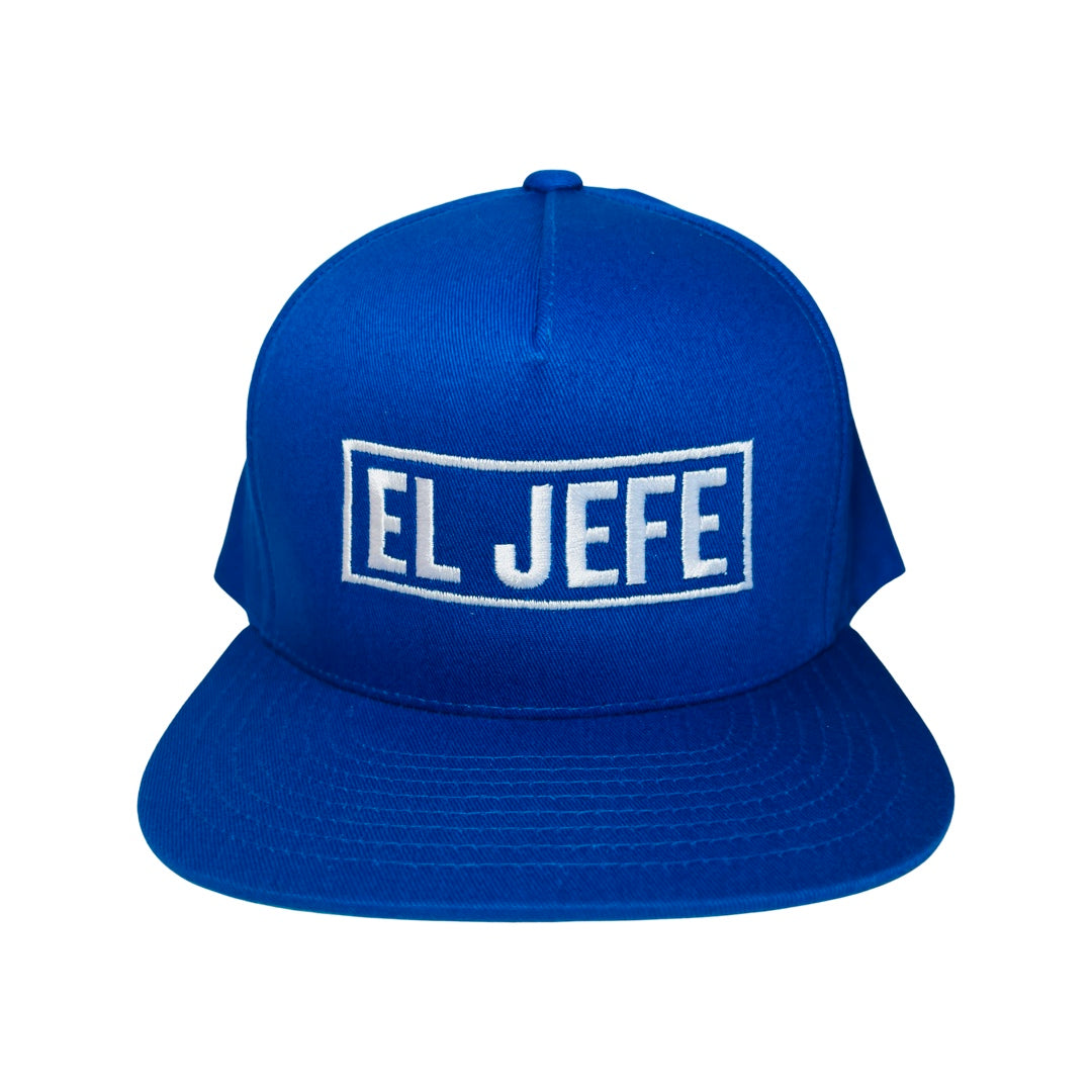 Royal Blue snapback hat with the phrase El Jefe in white lettering
