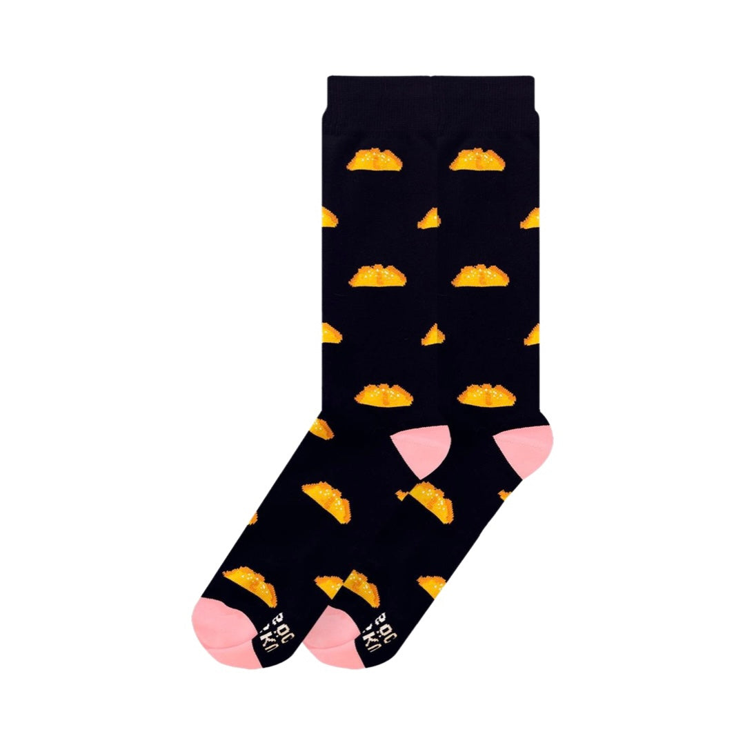 pair of black socks with a pan de muerto design