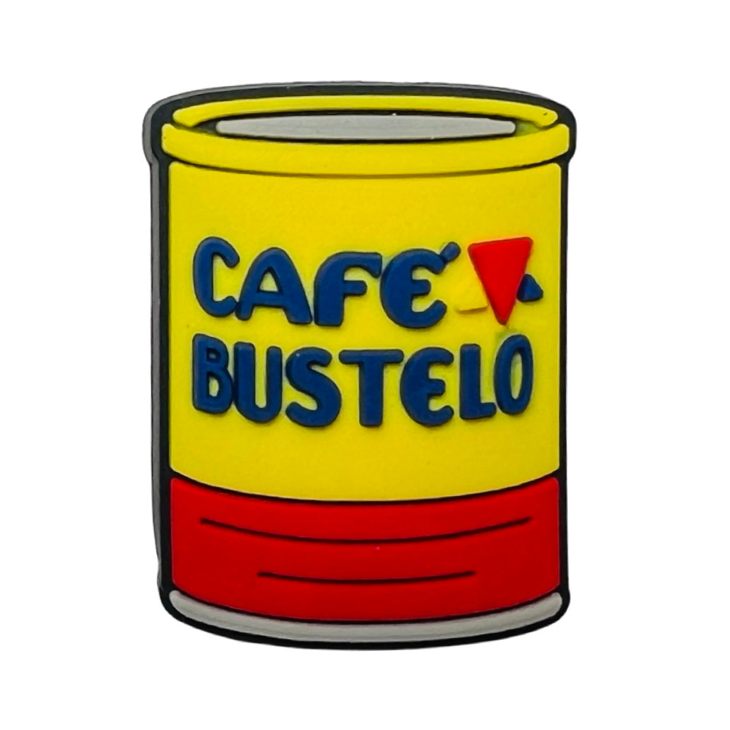 Rubber chancla, croc, charm in the shape of a red and yellow can with the words Cafe Bustelo in blue lettering.