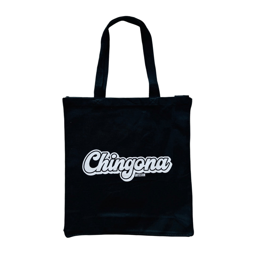 Black tote bag with the phrase chingona in white lettering